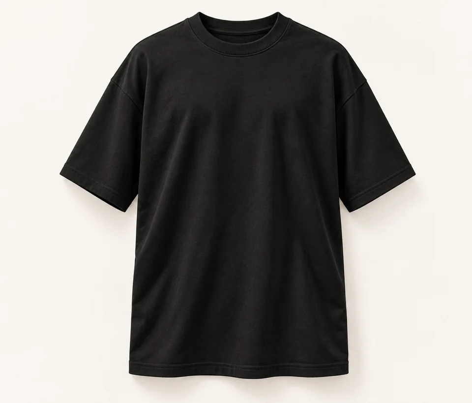 Oversized fit T-shirt laid flat, marked with where to measure width (A), length (B) and sleeve (C)